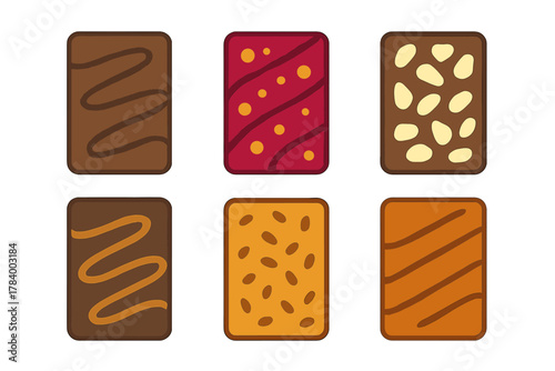 Six rectangular candy or chocolate bar icons with assorted toppings and patterns