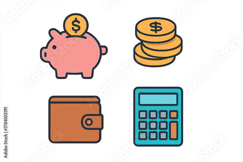 Financial savings and calculation icon set featuring piggy bank and coins