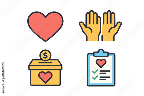 Set of four simple icons representing charity donation giving and support