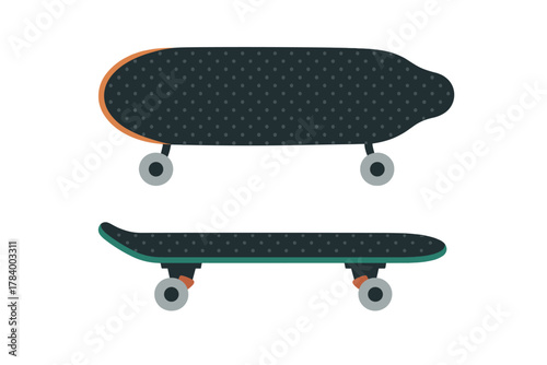 Skateboard top and side view with detailed grip tape texture
