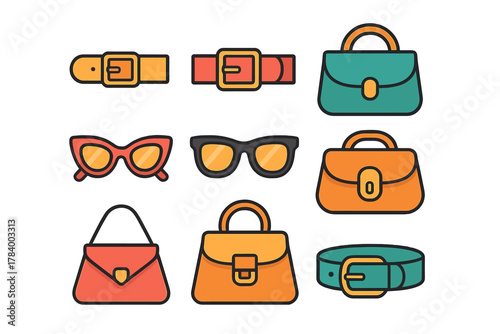 Assortment of colorful fashion accessories icons including handbags, sunglasses, and belts