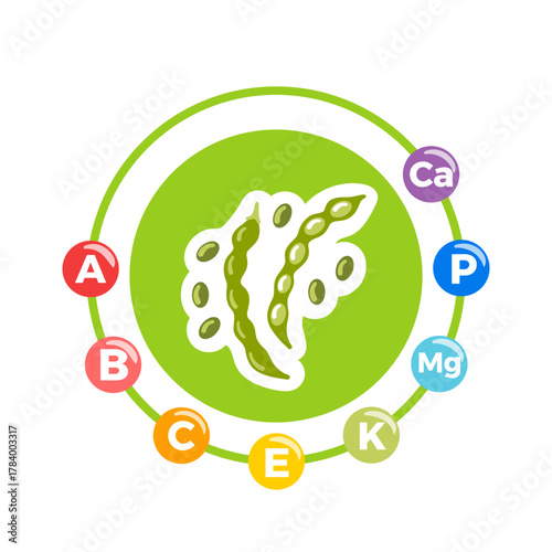 Green beans with vitamins and minerals highlighted, featuring slender pods, fresh green hues, and subtle nutrient icons, crafted as a clean vector illustration.