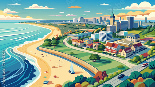 Very beautiful aerial view of Revere Beach and its historic coastal area in spring, in the city of Revere near Boston, Massachusetts, USA, featuring sandy shoreline, calm ocean waters, and a realistic