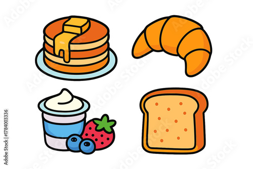 Cartoon icons of assorted breakfast foods including fruit and dairy items