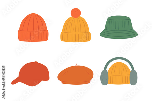 Assortment of colorful winter and casual headwear accessories for cold weather