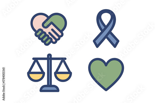 Four icons representing social justice support and care concepts