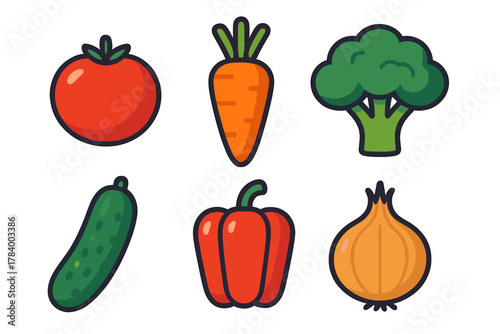 Six colorful cartoon vegetable icons featuring tomato, carrot, and broccoli