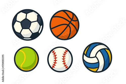Five different sport balls icons: soccer, basketball, tennis, baseball, and volleyball