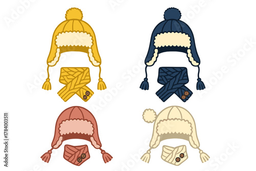 Set of four winter trapper hats with matching knitted scarves in different colors
