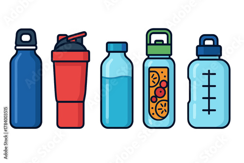 Assorted reusable hydration bottles and shakers for fitness and daily use