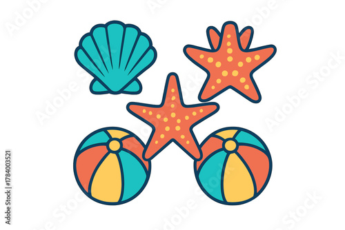 Vibrant collection of summer beach icons featuring starfish, seashell, and inflatable balls
