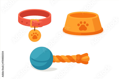 Essential pet supplies including collar bowl and rope toy