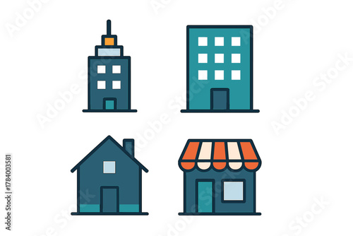 Four simple building icons: house, tower, apartment block, and shop