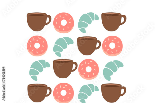 Seamless pattern of coffee cups pink donuts and blue croissants