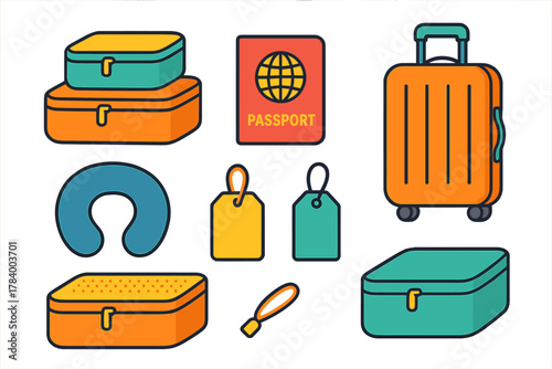 Set of travel accessories icons including luggage, passport, and neck pillow