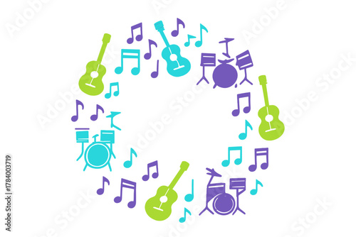 Acoustic guitars and drum sets forming a musical border with floating notes