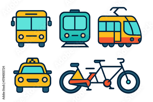 Colorful icons of urban and public transportation modes like bus, subway, tram, taxi, and bicycle