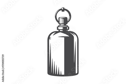 Monochrome shows a stylized vintage metal canister with hanging loop in simple line art
