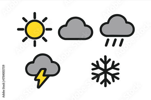Five basic weather condition symbols: sun, cloud, rain, storm, and snow