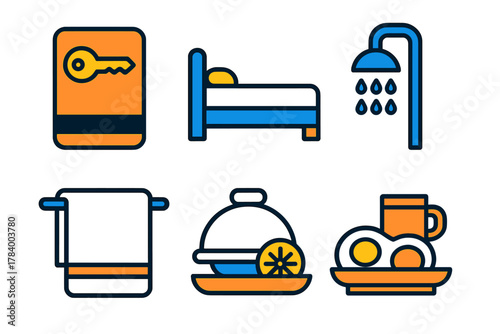 Colorful set of icons depicting essential hotel amenities and services