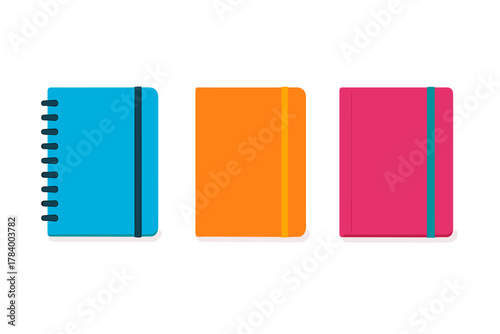 Set of three colorful notebooks with elastic closure and spiral binding