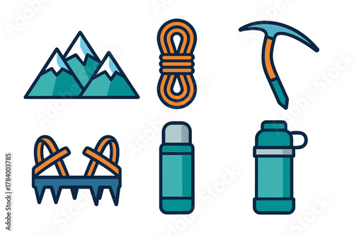 Stylized icons representing mountain climbing and hiking equipment for outdoor adventure