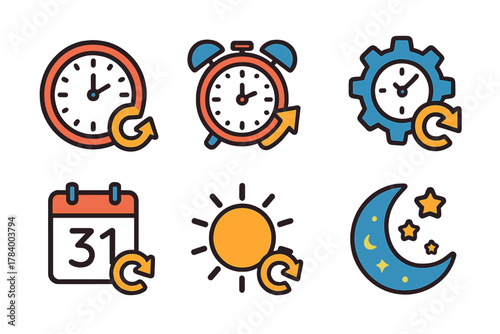 Set of time management and scheduling icons featuring refresh arrows