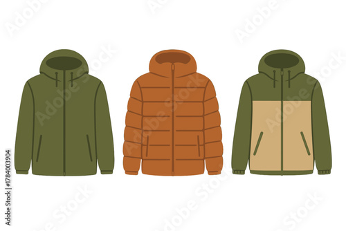 Three distinct hooded winter outerwear jackets in various styles
