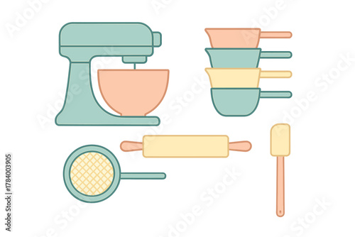 Pastry and baking kitchen utensils set featuring a stand mixer