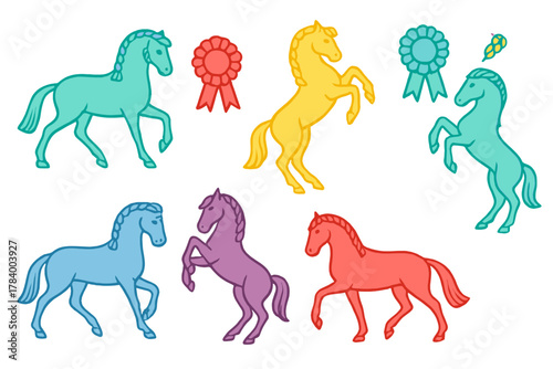 Stylized horses and award ribbons set for equestrian competition