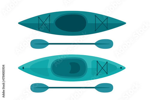 Top view of two turquoise kayaks with paddles ready for water adventure