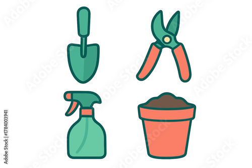 Essential gardening tools set with trowel pruners and flower pot