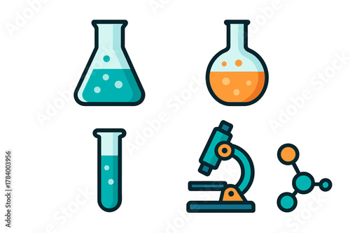 Colorful chemistry and biology laboratory equipment icons set