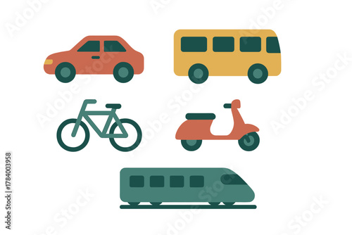 Stylized icons of personal and public transportation modes like car, bus, bicycle, and train
