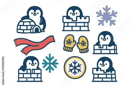 Charming set of cartoon penguin icons with winter accessories and igloo