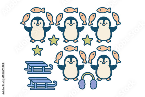 Charming cartoon penguins wearing winter gear and holding fish icons
