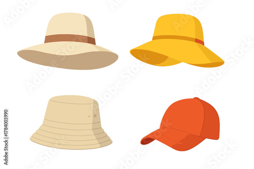 Assortment of summer sun hats and baseball cap icons for fashion