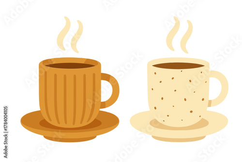 Two steaming coffee cups on saucers with textured and spotted designs