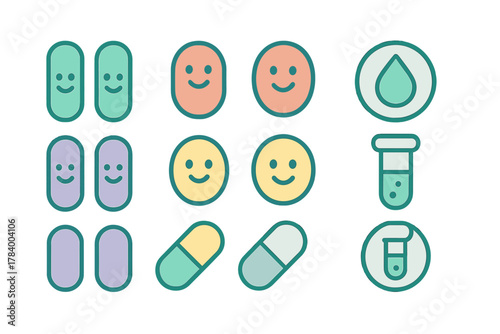 Set of colorful medical and pharmaceutical icons featuring positive facial expressions