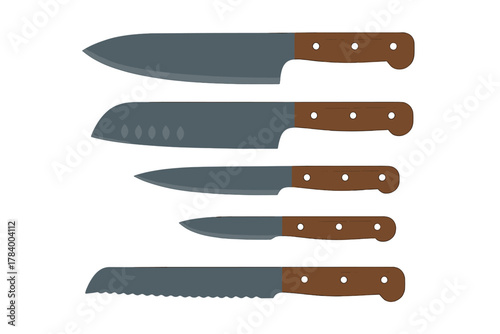 Set of five kitchen knives with brown handles isolated on white background