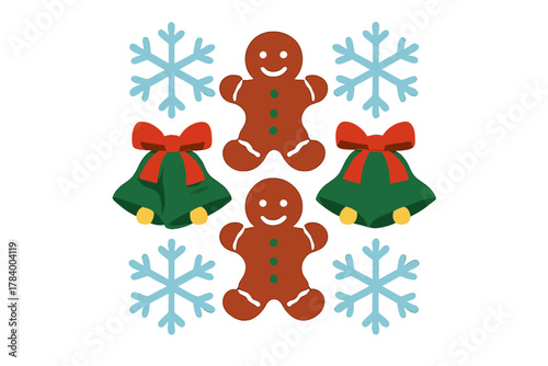 Set of Christmas holiday icons including gingerbread men bells and snowflakes