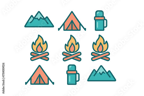 Colorful icons representing outdoor camping and hiking elements like mountains and campfire