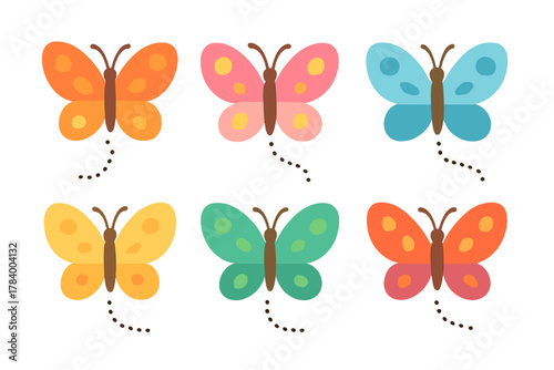Six stylized cartoon butterflies with dotted flight paths in bright colors