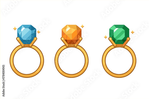 Three gold rings with colorful faceted gemstones