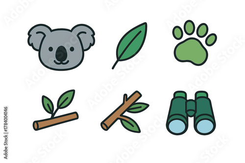 Cute koala face paw print eucalyptus leaves and binoculars icons