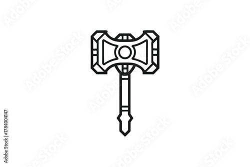 Outline drawing presents a double headed war hammer with geometric details and a pointy handle