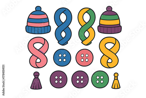 Colorful icons representing knitting and sewing craft elements