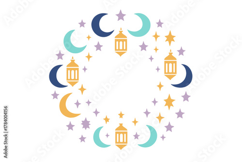 Circular border design with Islamic crescent moons and traditional lanterns