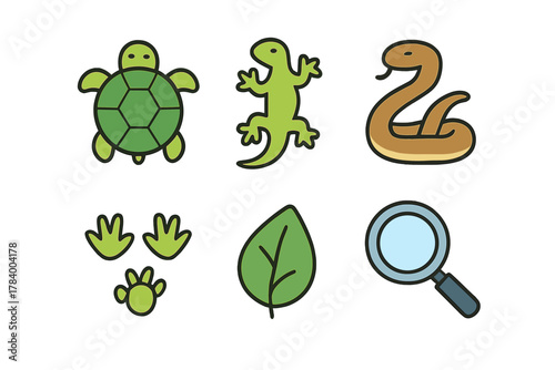 Cute reptile and nature study icons featuring turtle lizard snake and leaf elements