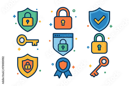 Assorted colorful security and protection icons set featuring locks and shields